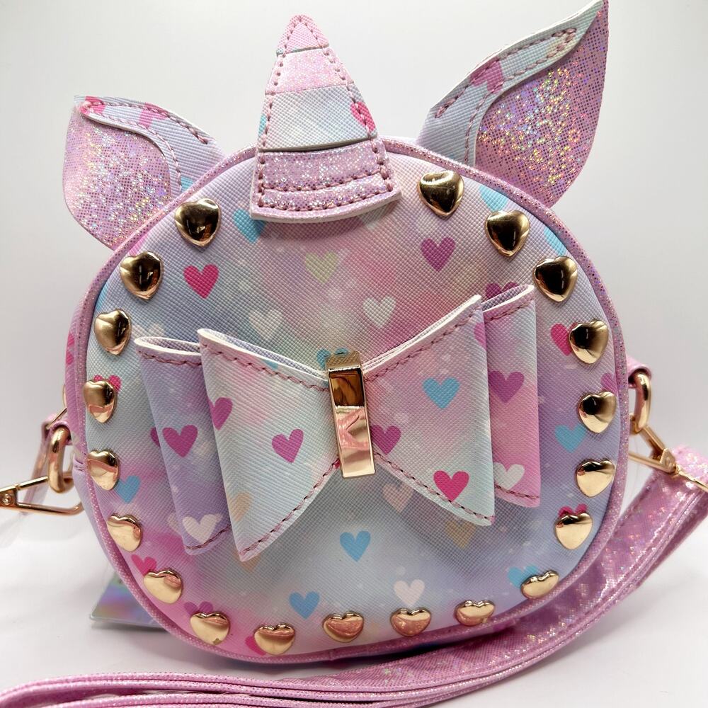 NWT CUTE Under1Sky Pastel Glitter Unicorn Round Purse w/ Studs & Hearts